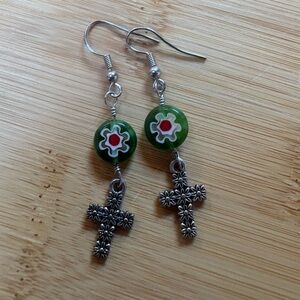 Green and Silver Cross Dangle Earrings